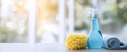 The blue spray bottle and yellow sponge for a clean home experience. photo