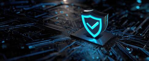 The glowing security shield icon on a digital circuit background. photo