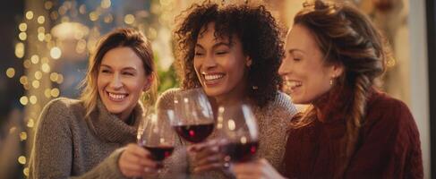 The joyful friends celebrating with wine and laughter during a cozy gathering. photo