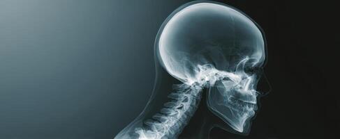 The x-ray image revealing the intricate structure of the human skull and spine. photo