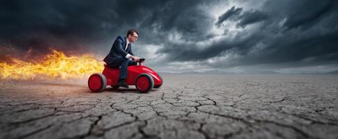 The businessman racing on a toy car with flames in a dramatic landscape. photo