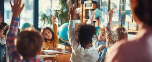 The Classroom Full of Eager Students Raising Hands to Participate photo