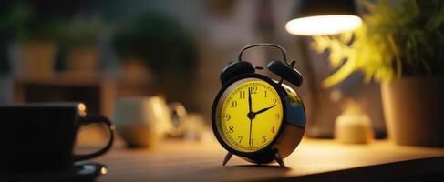 The vintage yellow clock illuminating a cozy night scene on the table. photo