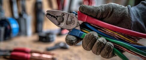 The expert technician holding colorful wires and pliers in a workshop. photo