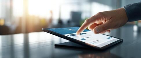 The hand interacts with a tablet in a modern workspace setting. photo