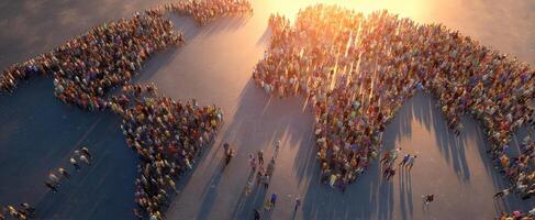 The Crowd Forming a World Map During a Beautiful Sunset Gathering photo