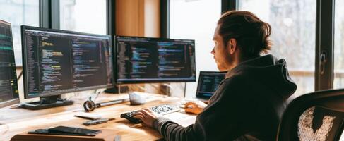 The focused programmer immersed in a multi-monitor coding environment. photo