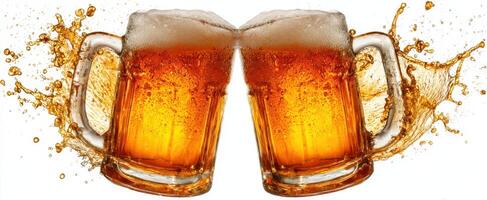 The clinking beer mugs capturing joy and celebration in a vibrant splash. photo