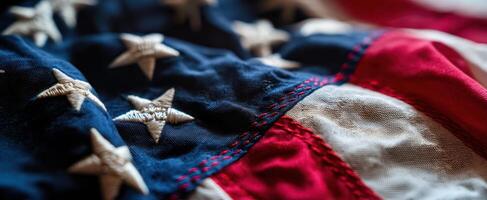 The Close-up View of a Worn American Flag Displaying Its Rich Textures and Colors. photo