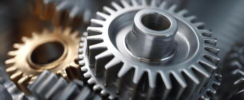 The intricate arrangement of metallic gears showcasing engineering precision and design elegance. photo