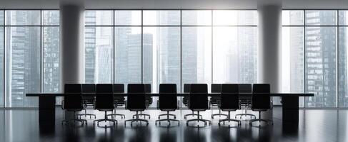 The modern boardroom with panoramic city view and sleek furniture. photo