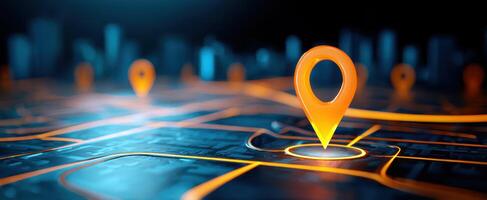 The vibrant orange location pointer on a digital city map at night. photo