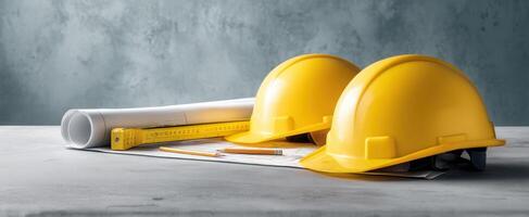 The yellow hard hats and blueprints on a textured concrete surface. photo