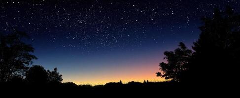 The stunning starry night sky over a tranquil rural landscape at dusk. photo