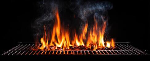 The mesmerizing flames dancing atop a grill filled with succulent meat. photo