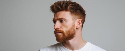 The thoughtful young man with a striking beard and stylish haircut. photo