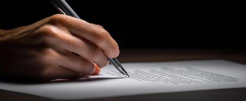 The hand writing on a sheet of paper in a dimly lit environment. photo