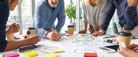 The group engaged in creative brainstorming session at a modern workspace. photo
