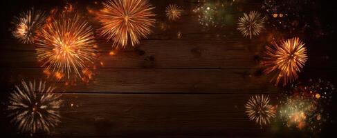 The Vibrant Fireworks Lighting Up a Rustic Wooden Background photo