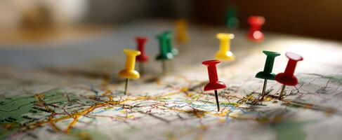 The map with colorful pins representing destinations and travel plans. photo