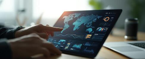 The advanced data visualization on a tablet with world map and analytics. photo