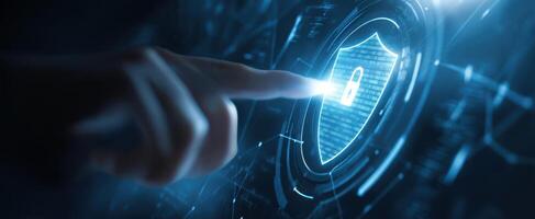 The digital security shield being activated by a user's fingertip. photo