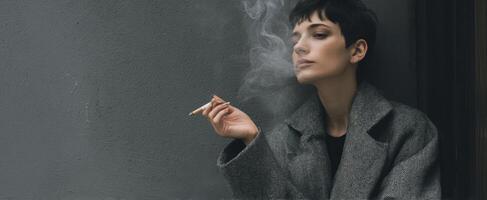 The woman exhaling smoke in a stylish urban setting. photo
