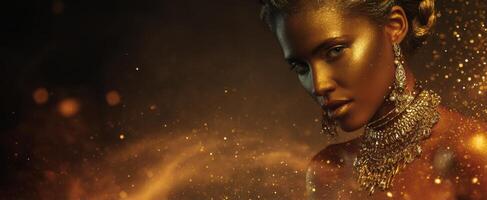 The stunning golden portrait of a glamorous woman enveloped in light. photo