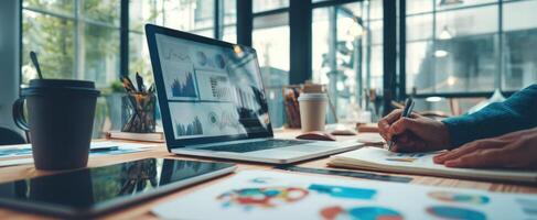 The modern workspace with laptop showcasing data analysis and creative brainstorming. photo