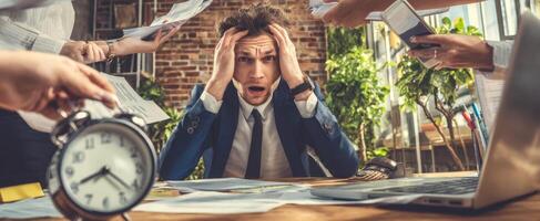 The stressed businessman overwhelmed by chaos in a busy office environment photo