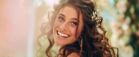 The smiling woman with curly hair and flowers radiates joy and beauty. photo