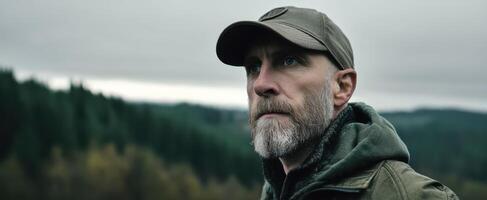 The man gazing thoughtfully into the vast wilderness landscape. photo