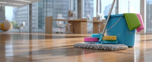 The blue cleaning bucket and mop set in a modern office environment. photo