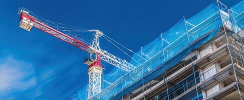 The construction crane towering over a vibrant urban building site against a clear sky. photo