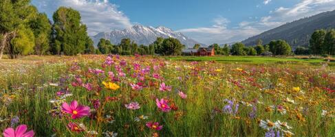 The vibrant wildflower field with majestic mountains in the background. photo