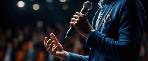The speaker captivating the audience with a powerful microphone in hand. photo