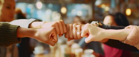 A group of people holding hands together photo