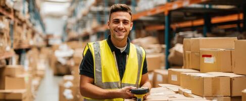 The smiling warehouse worker scanning inventory in a bustling logistics facility. photo