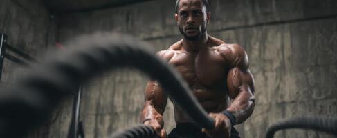 The athlete training with battle ropes in an intense gym workout. photo