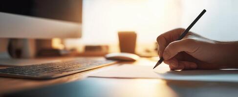 The hand writing notes at a cozy desk with a computer and sunlight. photo