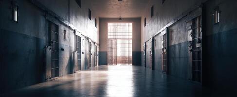 The Empty Corridor of a Stark Prison with Sunlight Streaming In photo