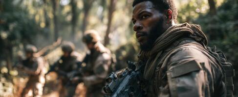 The soldier standing strong in a tactical military operation in a dense forest. photo