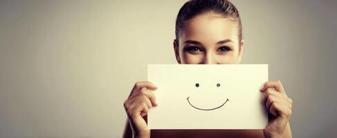The happy girl with a cheerful smiley face on a card. photo