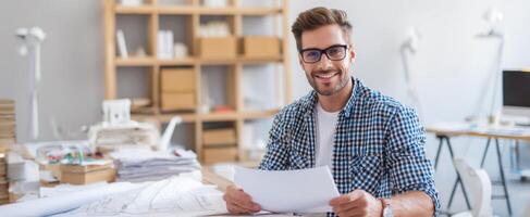 The smiling man reviewing architectural designs in a modern office setting. photo