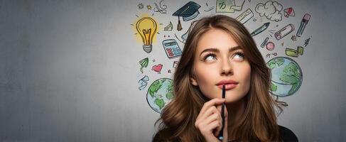 The young woman contemplating ideas and creativity with a colorful background. photo