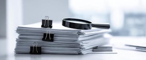 The magnifying glass resting on a stack of documents in a modern workspace. photo