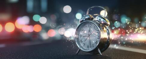 The Alarm Clock Illuminating Time in a Vibrant City Night Setting photo