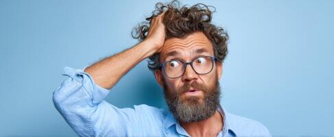 The surprised man scratching his head in confusion against a blue background. photo