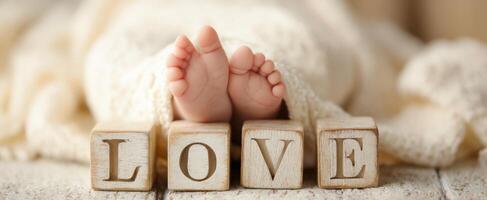 The adorable baby feet nestled beside love blocks on a cozy blanket. photo