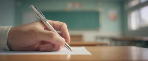 The Hand Holding a Pen Ready to Write in a Classroom Setting. photo